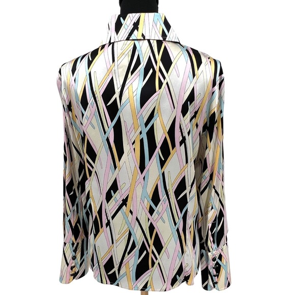 Vintage  St. John Silk Multi‎ Color Abstract Striped Mod Dagger Collar Blouse 12 - Picture 5 of 10